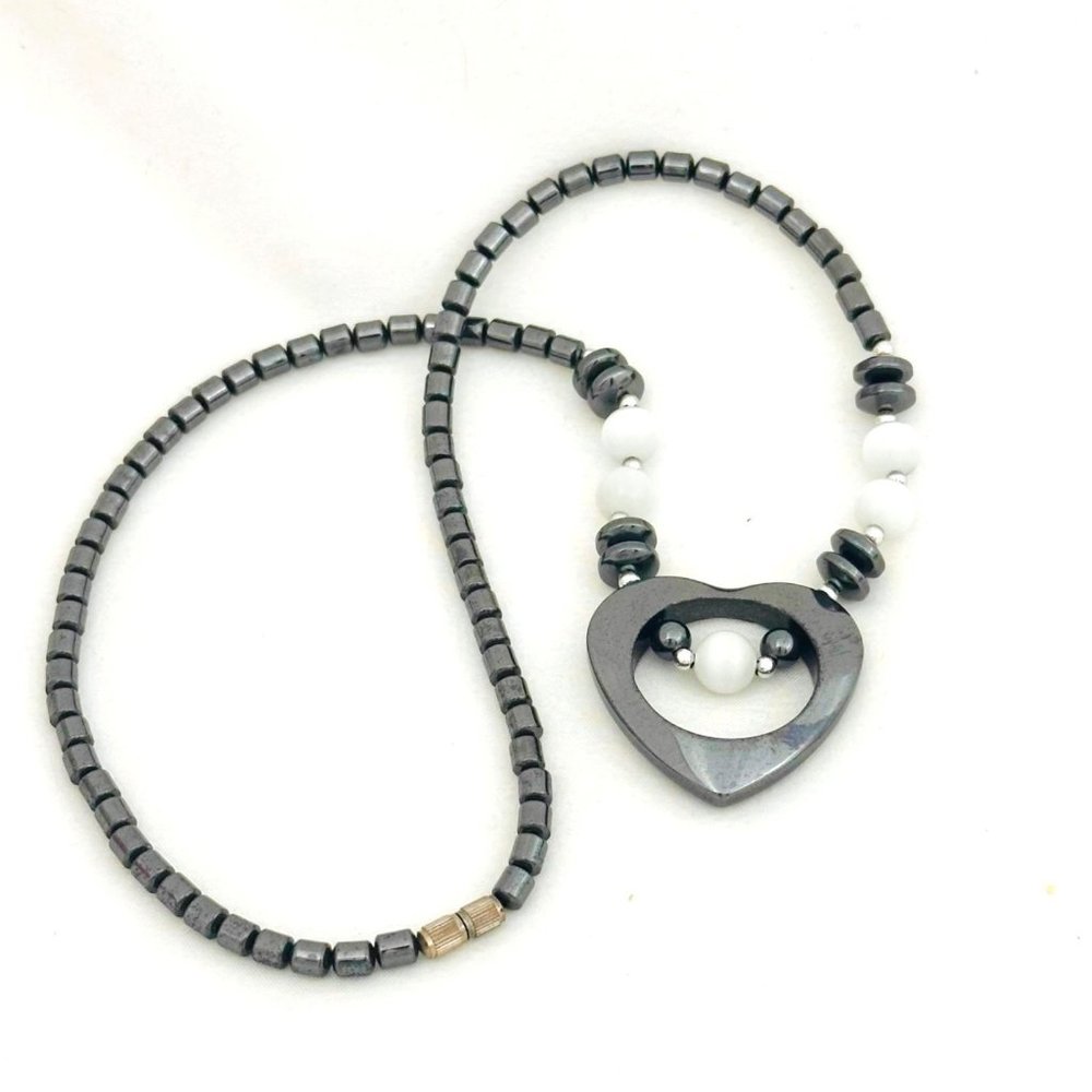 Vintage Hematite & White Cat's Eye Selenite Gemstone Necklace